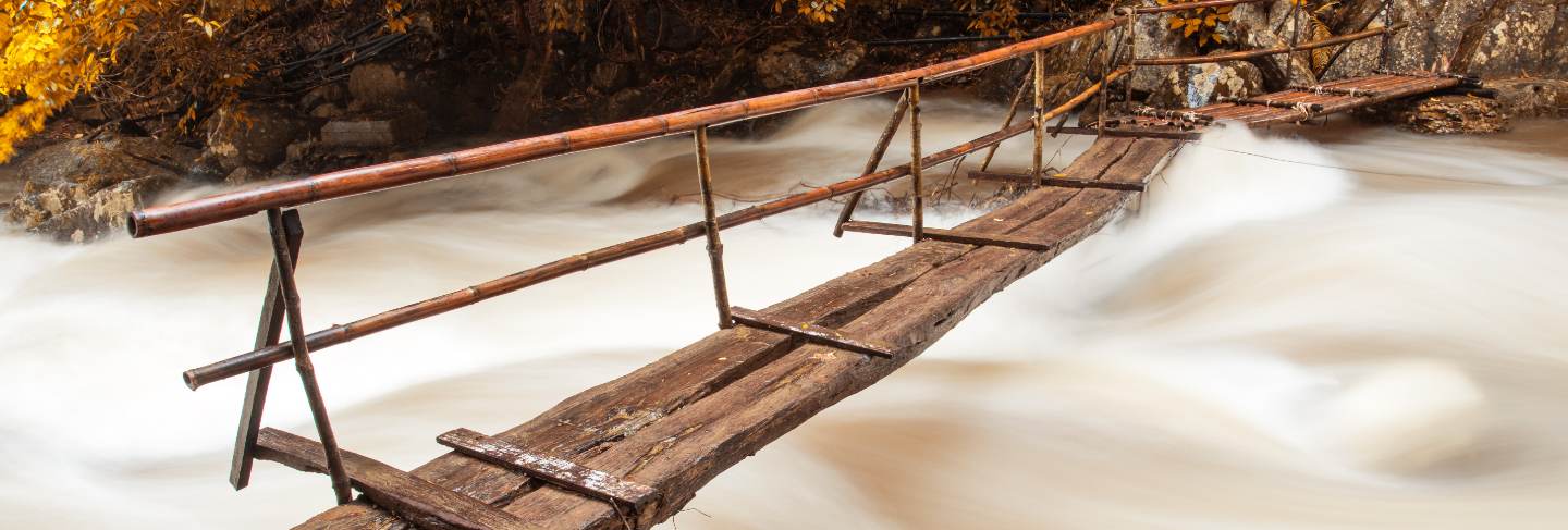 Wooden bridge over the waterfall
