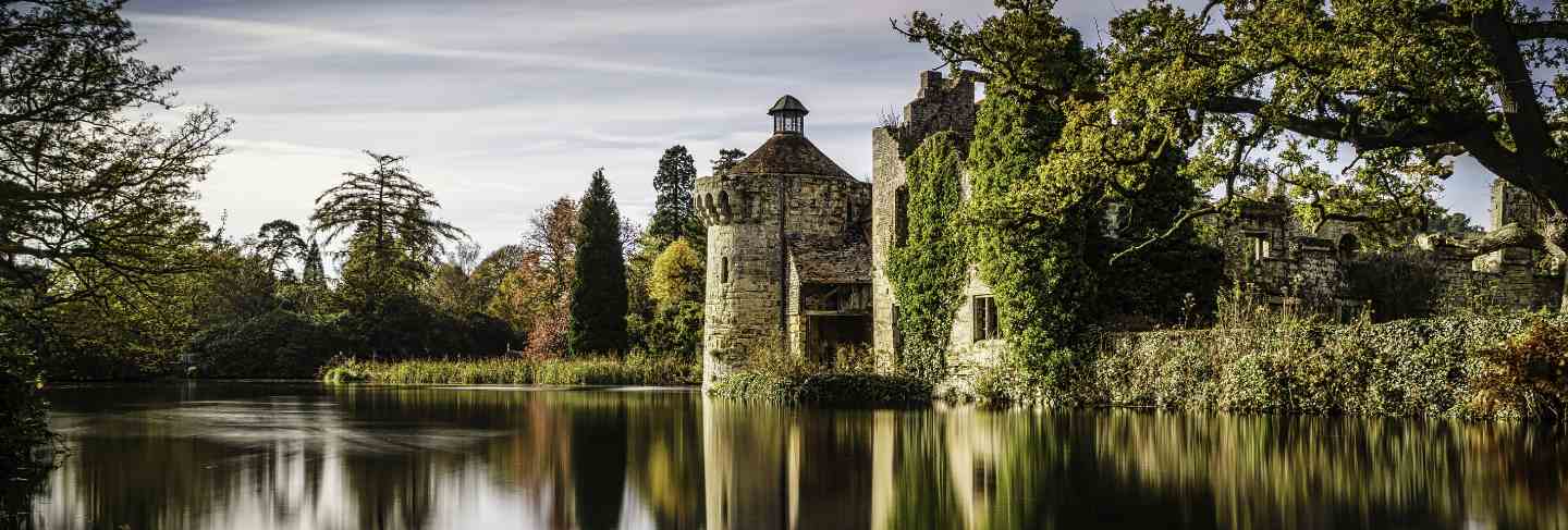Beautiful scenery of a castle reflecting in the clear lake surrounded by different kinds of plants
